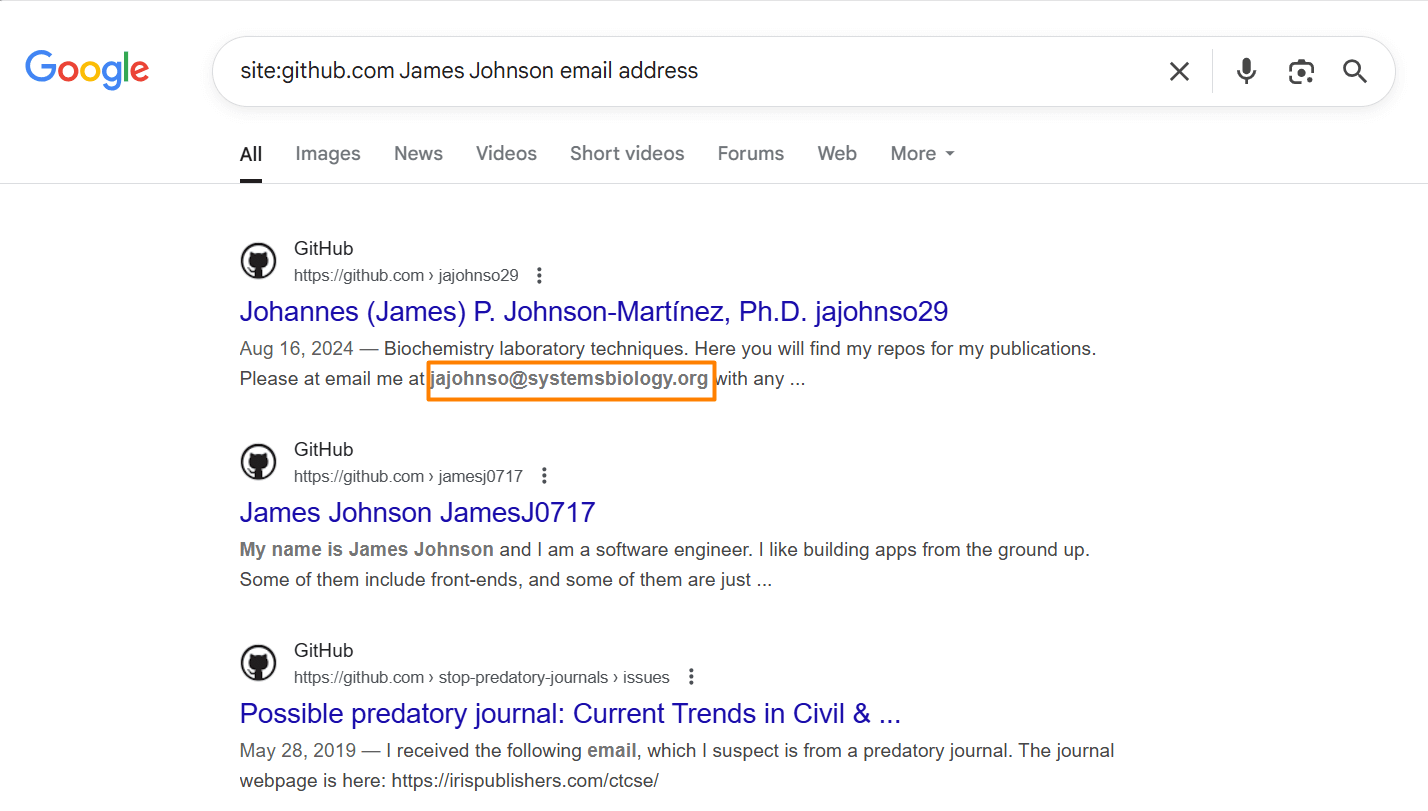 How to find someone's email using site operators of a specific website