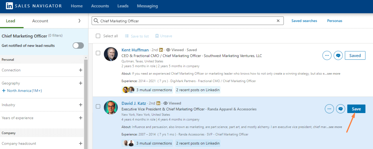 Sales Navigator search results