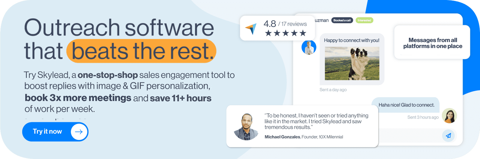 Image of Free Trial CTA banner featuring Smart Inbox, image & GIF personalization, and a testimonial from a satisfied user, with text "Outreach software that beats the rest."