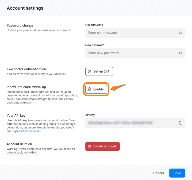 Enable button in a sales engagement tool, Skylead, that you can click if you wish to enable email warm up