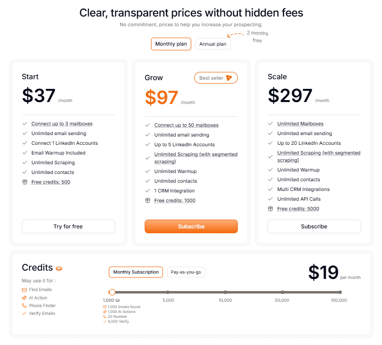Emelia pricing page