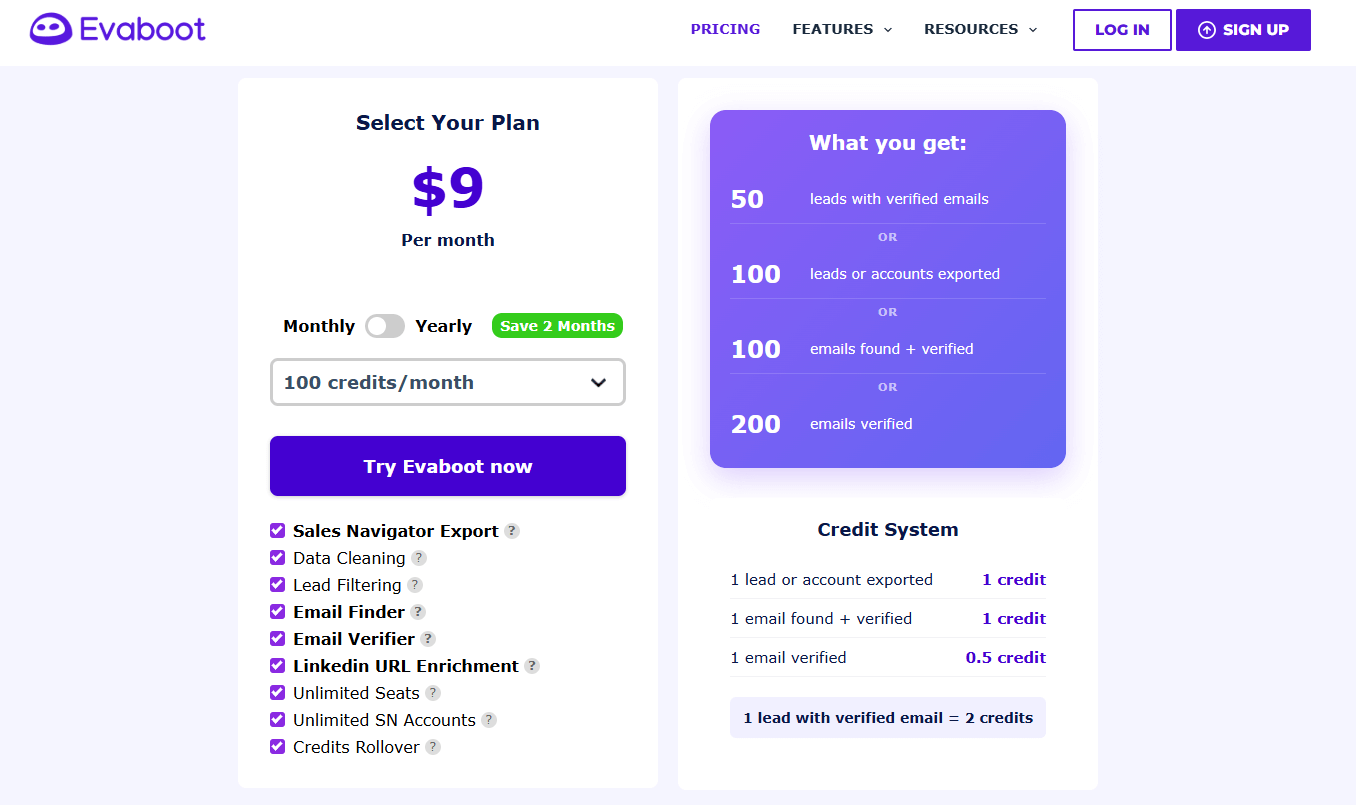 Evaboot pricing page