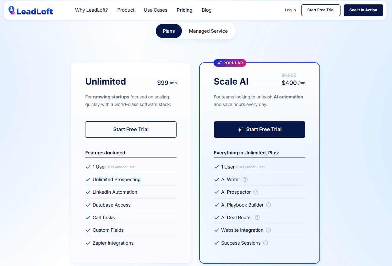 LeadLoft pricing page
