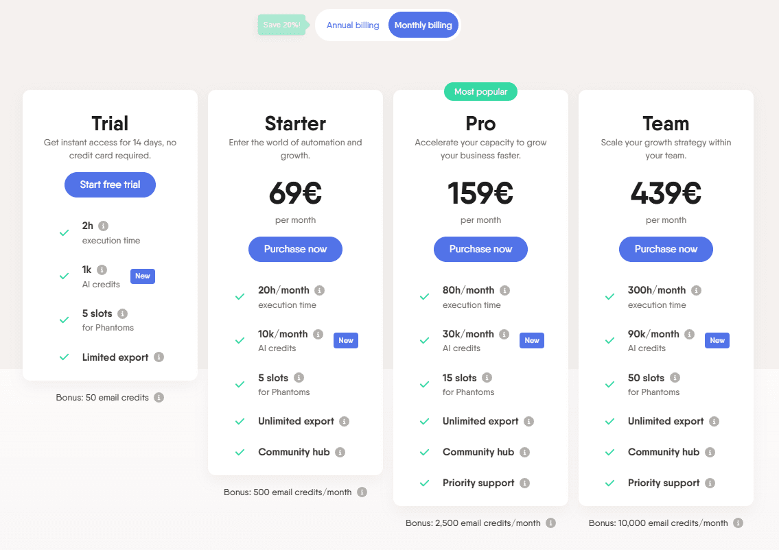 PhantomBuster pricing page