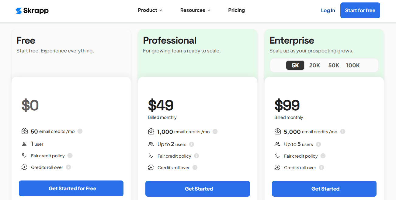 Skrapp pricing page