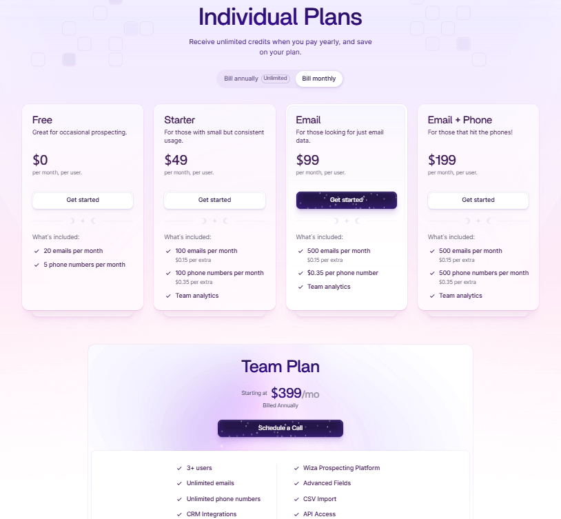 Wiza pricing page
