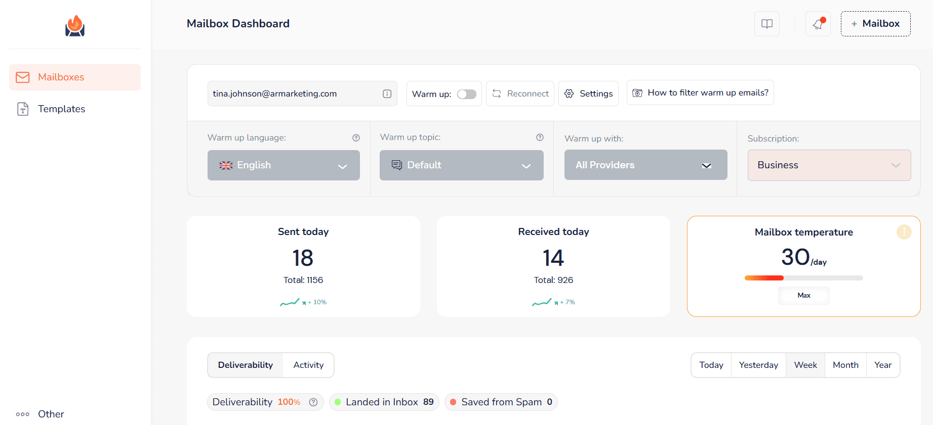 Dashboard of an email warm-up tool - InboxFlare