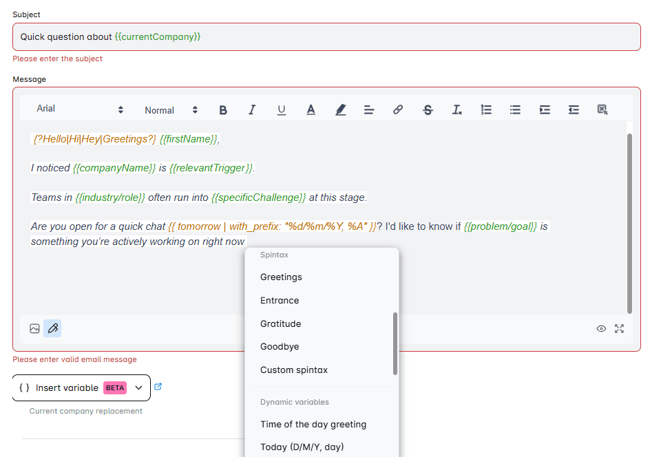 Variables, spintax and liquid syntax inside of an email written in a sales engagement platform - Skylead