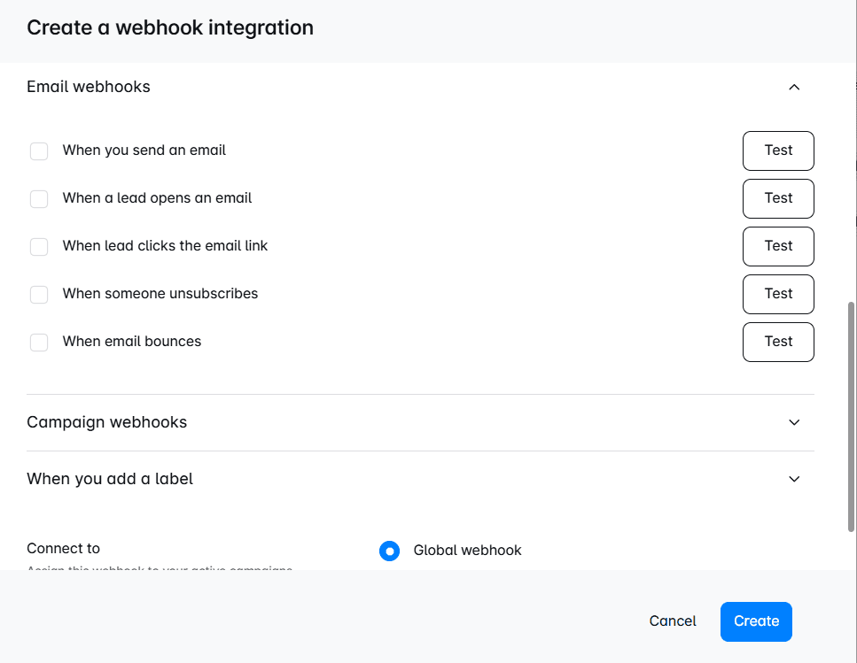 Webhook integration menu in Skylead