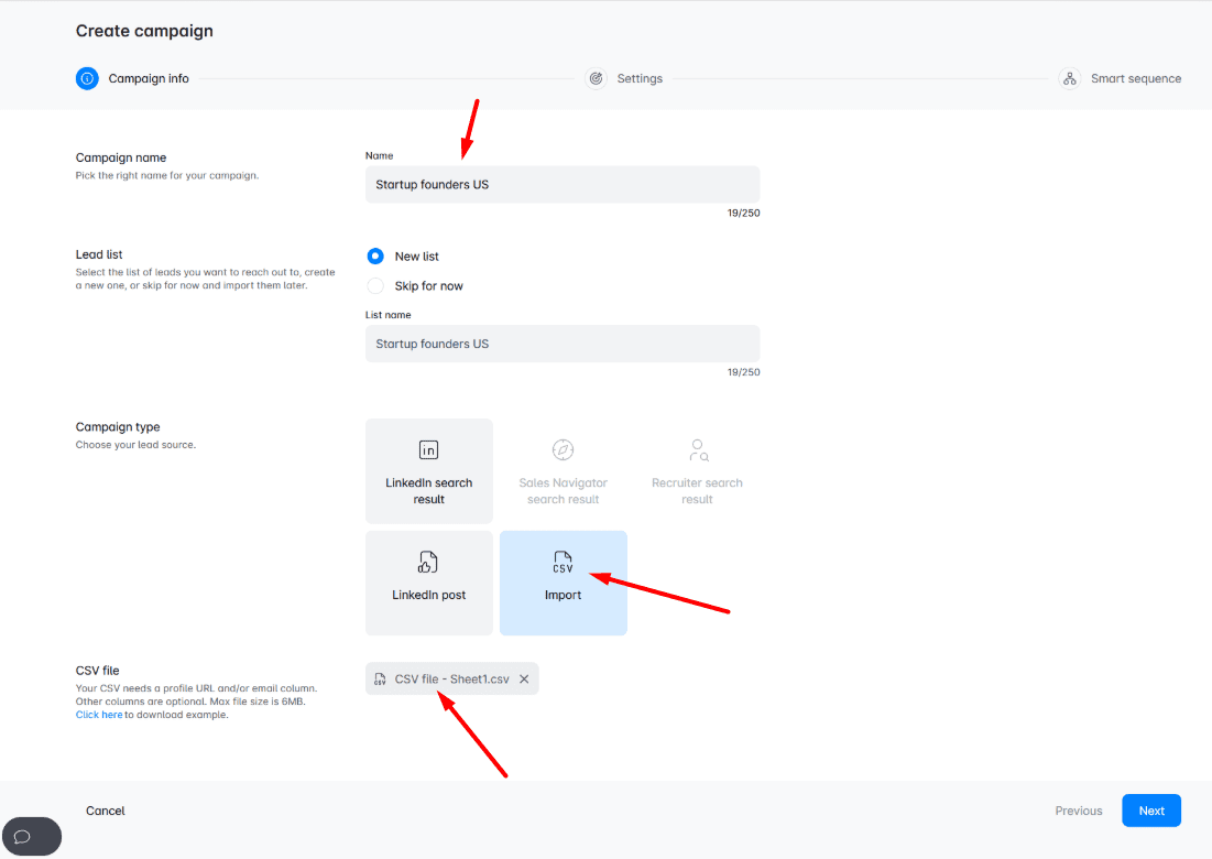 LinkedIn automation & Cold Email software, outreach campaign creation from generated leads step 2, choosing the source