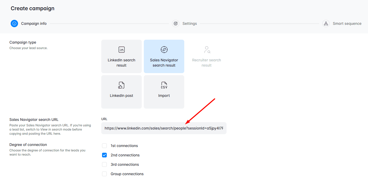 An image showing how to paste a URL into Skylead when creating an outreach campaign