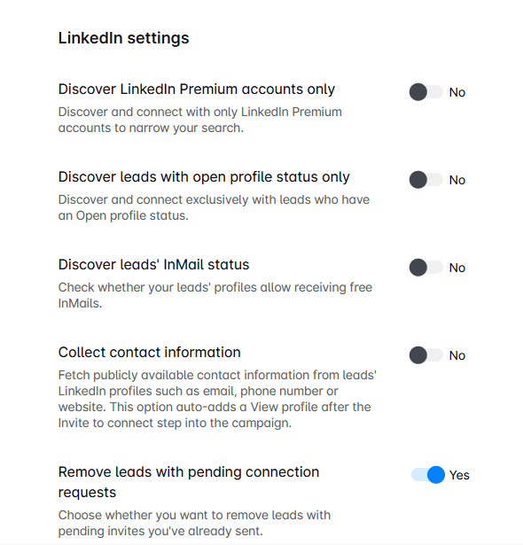 LinkedIn settings in Skylead to define when creating an outreach campaign