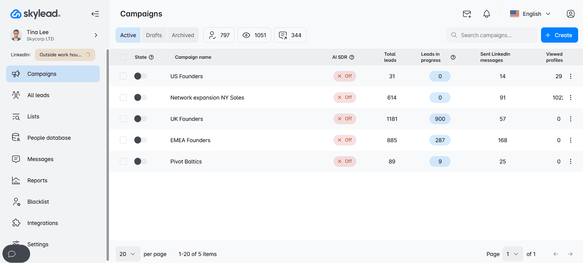 The dashboard of Skylead - one of the best HeyReach alternatives