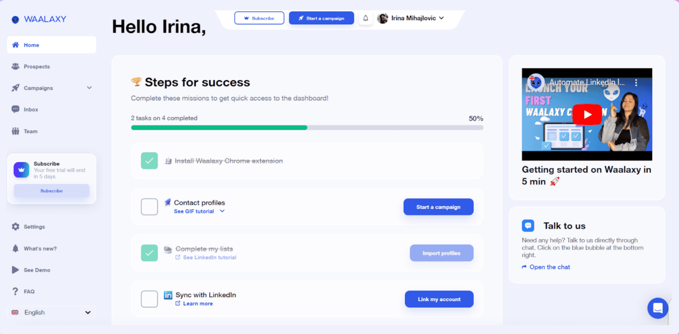 Waalaxy dashboard - one of the HeyReach alternatives