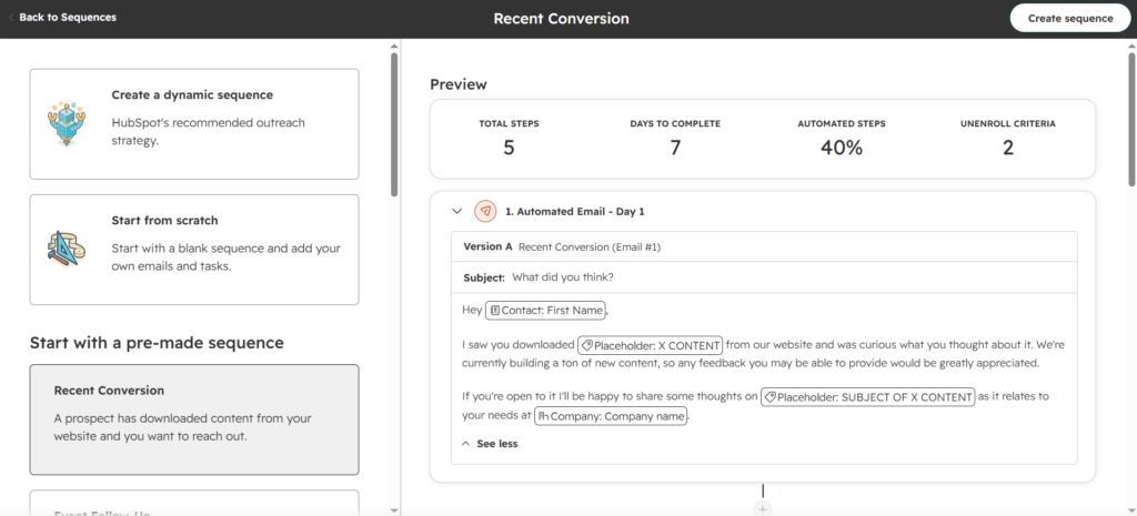 Dripify alternative - HubSpot SalesHub - automated sequence builder