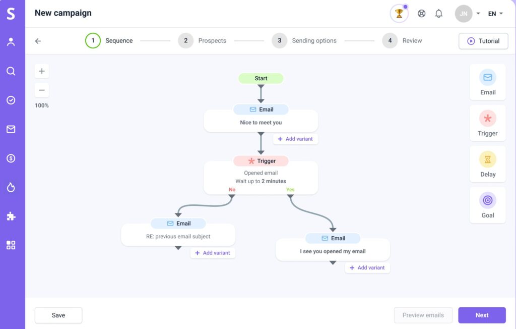 A sequence builder in Snov.io, which is one of the Smartlead alternatives